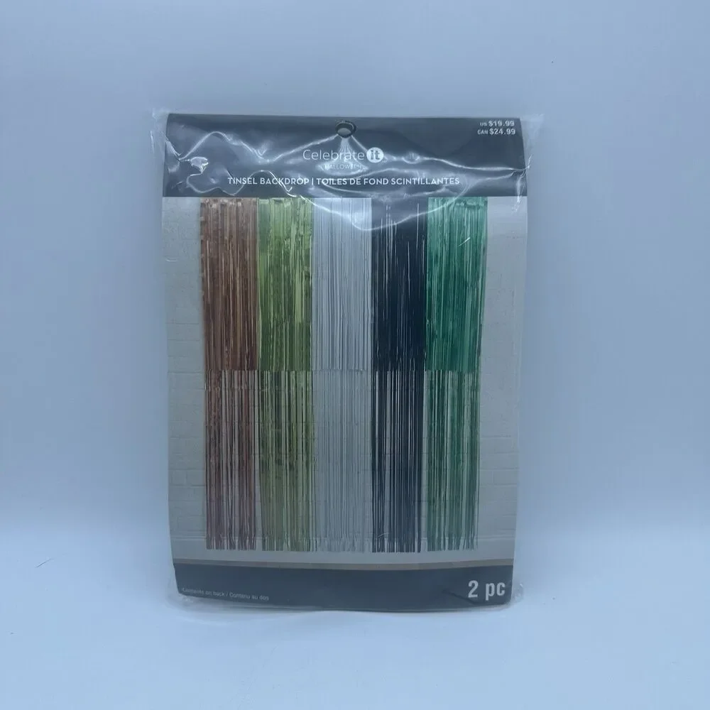 Celebrate It Halloween Tinsel Backdrop 2 Pc Metallic Fringe Orange Green Black